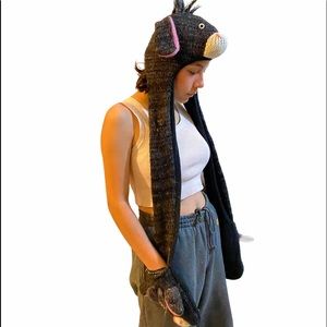 Donkey Beanie Scarf Wrap attached Gloves 100% Wool Knit Crochet Fleece Lined